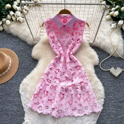 Pink Lace A Line Dress for Women Sleeveless Hollow Out Elegant Collar Perfect for Parties and Special Occasions