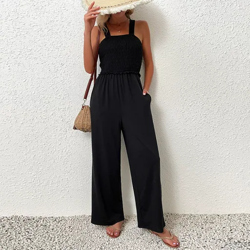 Black Wide Leg Jumpsuit for Women Casual Summer Style Comfortable Sleeveless Design