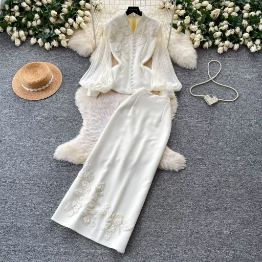 Elegant Two Piece Set V Neck Lace Top with Beading High Waisted Skirt Sophisticated Style for Formal Occasions