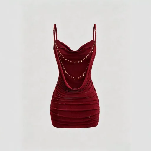 Womens Spring Summer Cross Back Dress Pleated Neckline Chain Detail Elegant Design Perfect for Parties and Events Womens Spring Summer Cross Back Dress Pleated Neckline Chain Detail Elegant Design Perfect for Parties and Events