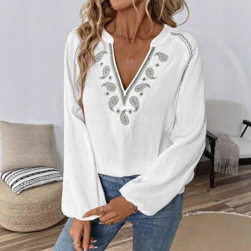 Loose Fit Embroidered V Neck Long Sleeve Shirt for Women Summer Casual Style Available in White Wholesale Options