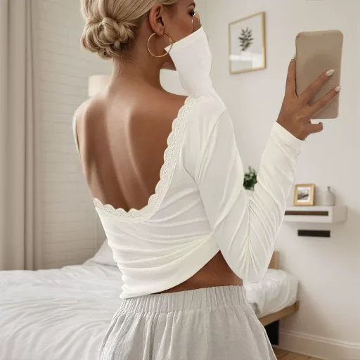 Womens Long Sleeve T Shirt Lace Panel Design Slim Fit Backless White Casual Wear