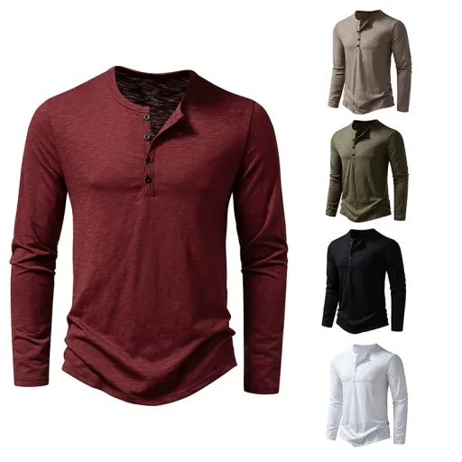 Mens Long Sleeve Collarless T Shirt in Solid Colors Made of Polyester for Spring Casual Wear