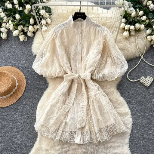 French Court Style Lantern Sleeve Lace Dress for Women V Neck Waist Tie A Line Silhouette Elegant Summer Occasion