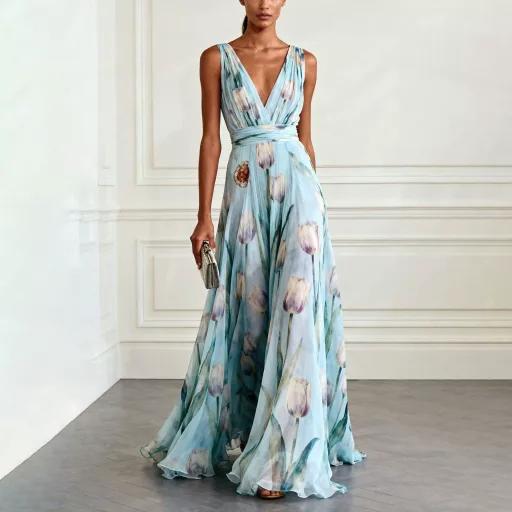 Floral Maxi Dress Casual Loose Fit Waist Defined V Neck Sleeveless Summer Vacation Wear Wholesale Available