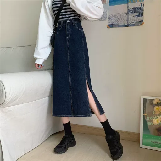 High Waist Denim Skirt for Women Vintage Mid Length Slim Fit with Side Slit Casual Summer Wear