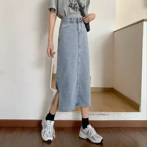 High Waist Denim Midi Skirt for Women Vintage Style Slim Fit with Side Slit Casual Summer Wear
