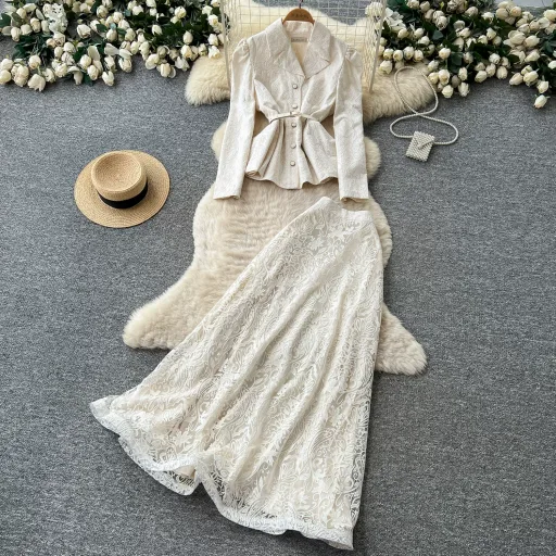 French Style V Neck Lace Top and Midi Skirt Set Elegant Slim Fit Autumn Wear Perfect for Office and Formal Occasions