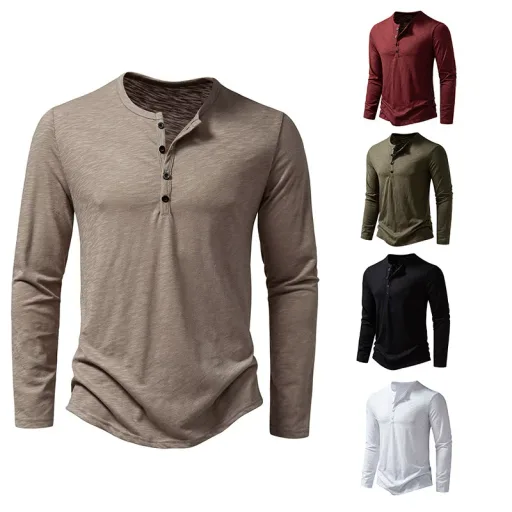 Mens Long Sleeve Collarless T Shirt in Cotton Available in White Black Red Khaki Green Sizes S to 2XL