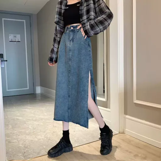 High Waist A Line Denim Skirt Vintage Style Mid Length with Asymmetrical Slit Casual Summer Wear