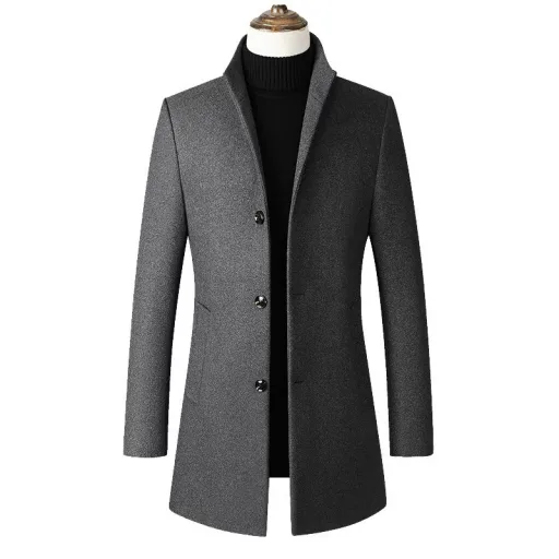 Mens Overcoat Mid Length Single Breasted Design Stand Collar Wool Blend Available in Multiple Colors and Sizes