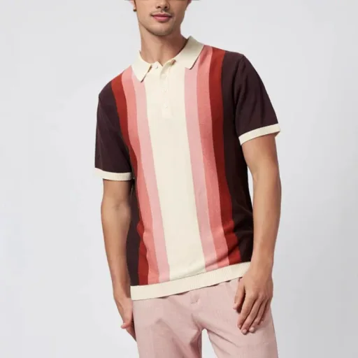 Mens Striped Knitted Polo Shirt Short Sleeve Stand Collar Polyester Available in Red and Green Sizes M to XXXL