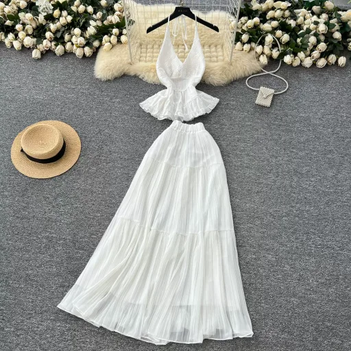 White Summer Vacation Set for Women Lace Trim Halter Neck Top and Chiffon Skirt Casual Beachwear White Summer Vacation Set for Women Lace Trim Halter Neck Top and Chiffon Skirt Casual Beachwear