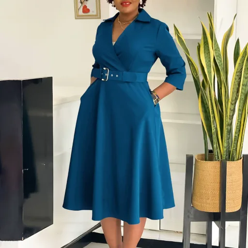 Plus Size Womens Dress Elegant A Line Silhouette Classic Collar Solid Color Autumn Collection Plus Size Womens Dress Elegant A Line Silhouette Classic Collar Solid Color Autumn Collection