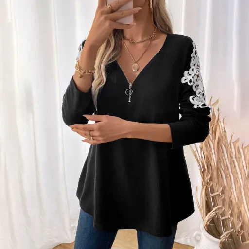 Casual Black Long Sleeve T Shirt for Women with Embroidery and Raglan Sleeves for Autumn Wholesale fast shipping