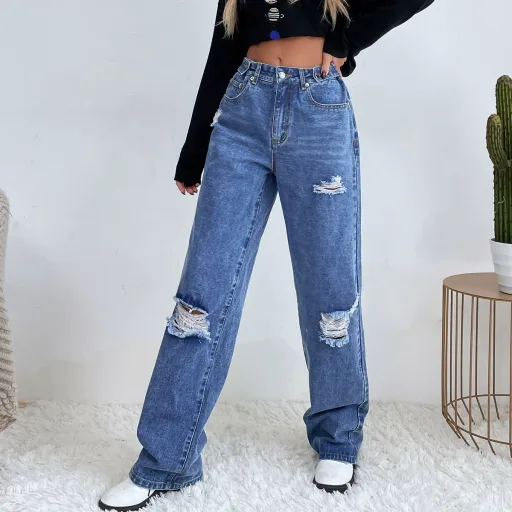 High Waist Wide Leg Distressed Denim Jeans for Women Casual Loose Fit Blue low MOQ High Waist Wide Leg Distressed Denim Jeans for Women Casual Loose Fit Blue low MOQ