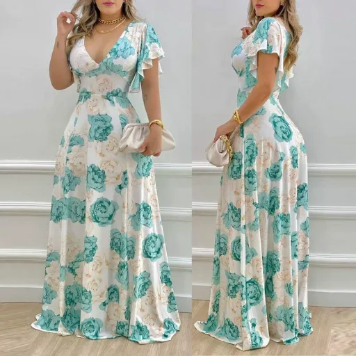 Elegant Womens Beach Dress High Waist Short Sleeve V Neck Polyester available in Multiple Sizes Elegant Womens Beach Dress High Waist Short Sleeve V Neck Polyester available in Multiple Sizes