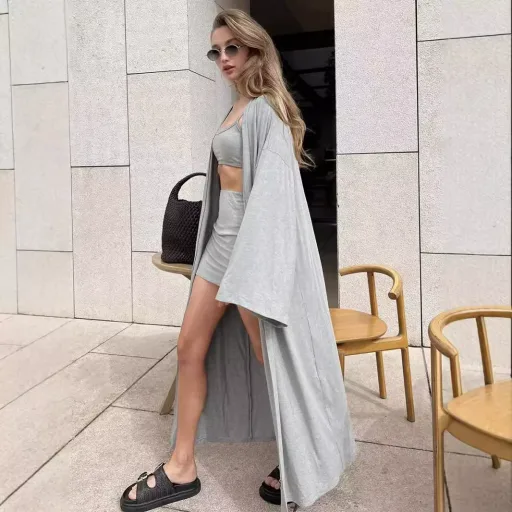 Womens Casual Three Piece Set Loose Long Cardigan with Cami and Mini Skirt Versatile for Spring and Summer Wholesale