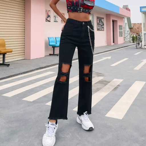 Womens Ripped Denim Pants Casual Style Chain Detail Black Available in XS to L Wholesale Supply custom packaging Womens Ripped Denim Pants Casual Style Chain Detail Black Available in XS to L Wholesale Supply custom packaging