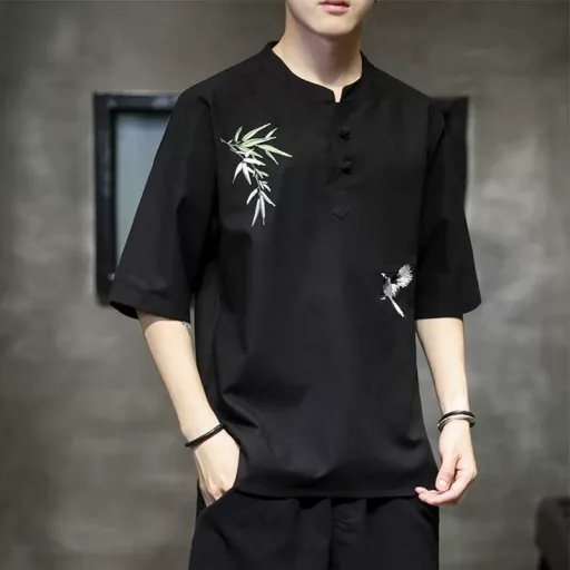 Mens Loose Fit Short Sleeve T Shirt Embroidered Linen Fabric Summer Casual Wear Available in Multiple Sizes and Colors Mens Loose Fit Short Sleeve T Shirt Embroidered Linen Fabric Summer Casual Wear Available in Multiple Sizes and Colors