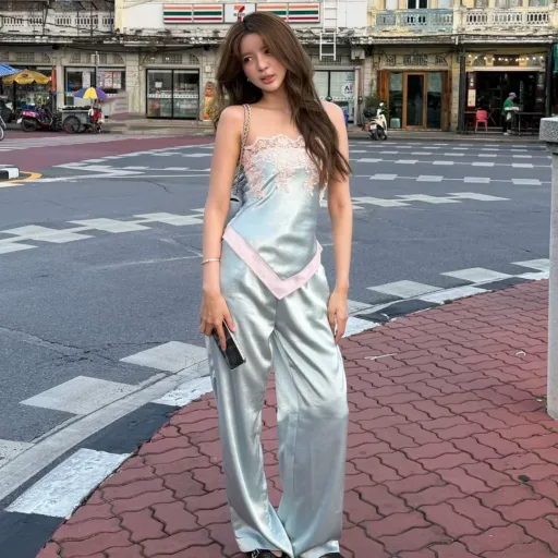 High Waist Satin Straight Leg Pants for Women Casual Street Style Available in Blue and Pink Wholesale Supply