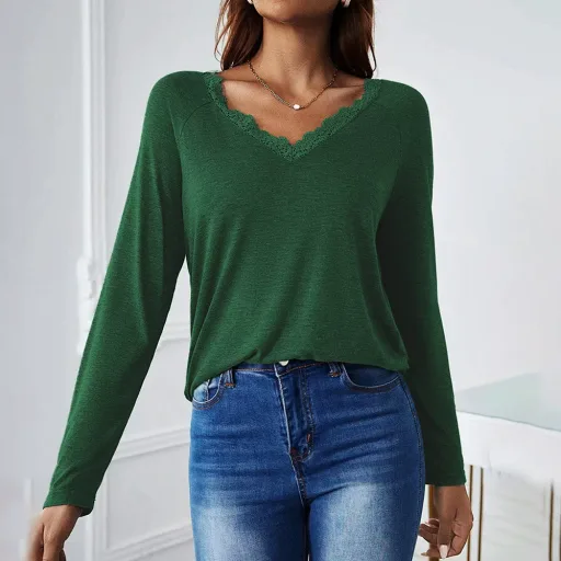 Loose Fit Womens T Shirt V Neck Long Sleeve Lace Panel Design Casual Wear