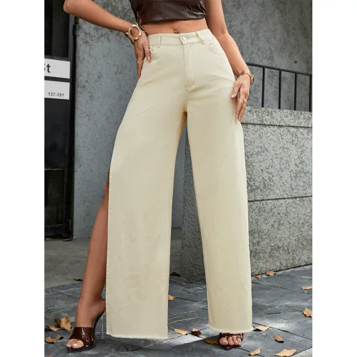 High Waist Wide Leg Jeans for Women Trendy Split Design Casual Chic Style Available in Khaki Wholesale Supply High Waist Wide Leg Jeans for Women Trendy Split Design Casual Chic Style Available in Khaki Wholesale Supply