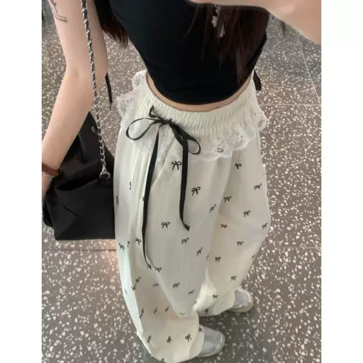 Summer Womens Casual Pants Lace Trim Bow Detail Loose Fit Wide Leg Perfect for Everyday Wear Wholesale Available