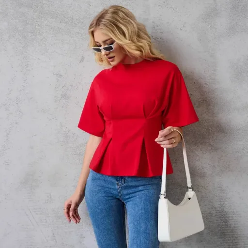 Loose Fit Waist Defined Cotton T Shirt for Women Short Sleeve Round Neck Solid Colors for Summer