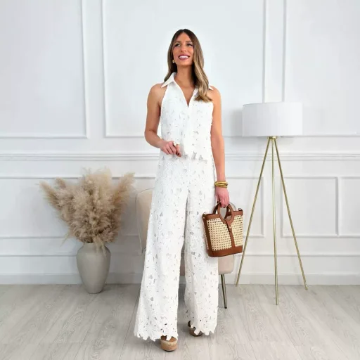 Womens Summer French Style Embroidered Hollow V Neck Tank Top and Wide Leg Pants Set in Multiple Colors Wholesale