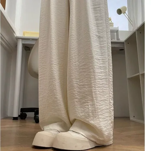 Womens High Waisted Ice Silk Wide Leg Trousers Lightweight Relaxed Fit Textured Fabric Summer Casual Wear