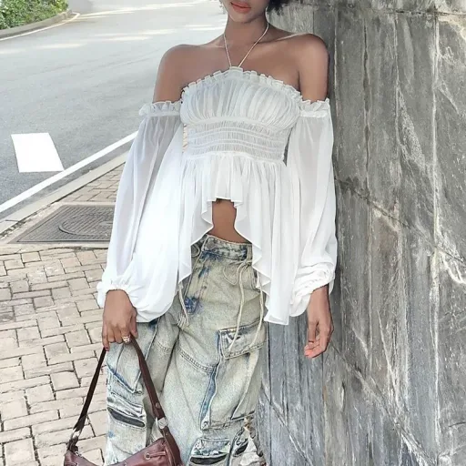 Off Shoulder Ruffled Blouse Slim Fit Lantern Sleeves Wrinkled Fabric Spring Fashion Wholesale Available