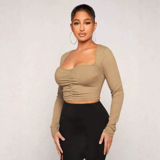 Vintage Square Neck Long Sleeve T Shirt for Women Slim Fit Knitted Top in Khaki Casual Wear Vintage Square Neck Long Sleeve T Shirt for Women Slim Fit Knitted Top in Khaki Casual Wear