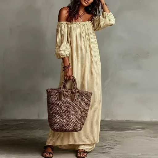 Vacation Style Maxi Dress Casual Loose Fit Off Shoulder Design Comfortable Fabric Perfect for Summer Outings
