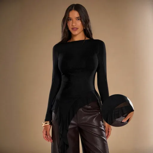 Womens Long Sleeve Top High End Feel Asymmetrical Ruffle Design Off Shoulder Slim Fit Perfect for Casual or Formal