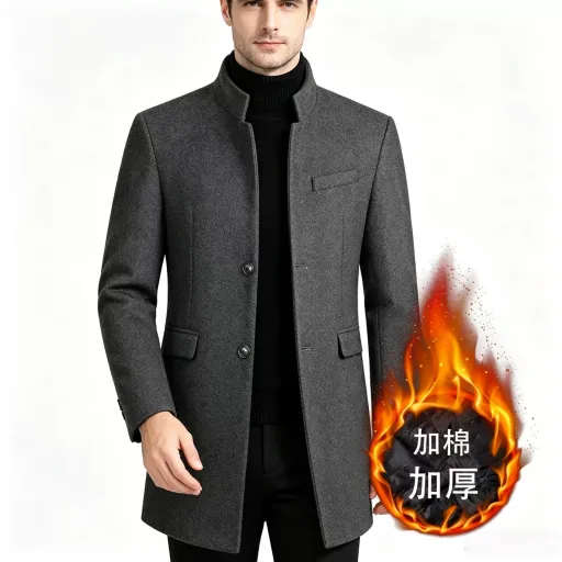 Mens Wool Blend Overcoat Thickened Mid Length Warm Stylish Autumn Winter Outerwear OEM Available