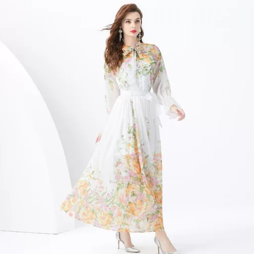 Womens Two Piece Set Long Sleeve Printed Chiffon Top and High Waist Maxi Skirt Casual Summer Outfit