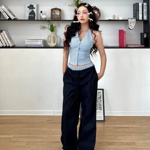Womens Vintage Plaid Halter Top and Loose Pants Set Casual Summer Outfit Available in Blue and B Womens Vintage Plaid Halter Top and Loose Pants Set Casual Summer Outfit Available in Blue and B