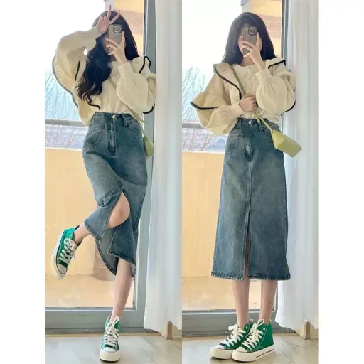 High Waist A Line Denim Skirt for Women Vintage Style Loose Fit Mid Length with Side Slit Summer Casual Wear Wholesale