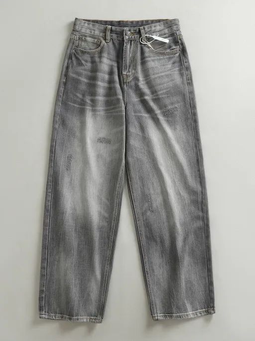 Gray Vintage Wash Loose Fit Denim Pants for Men Sleeveless Collarless Breathable Casual