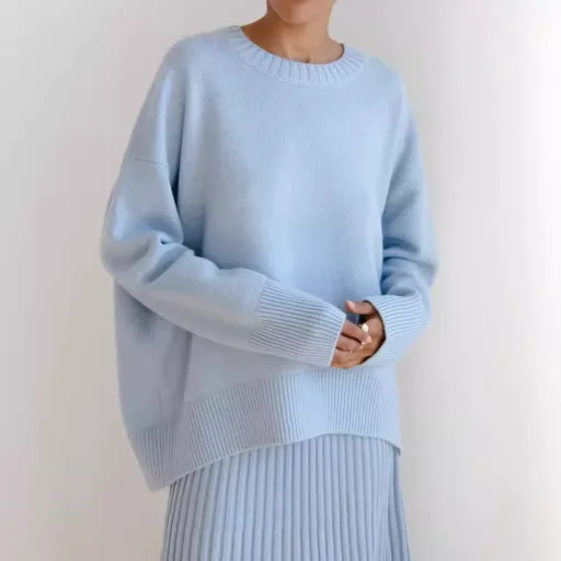 Womens Knit Sweater Round Neck Loose Fit Solid Color Autumn Winter Fashion Wholesale Available