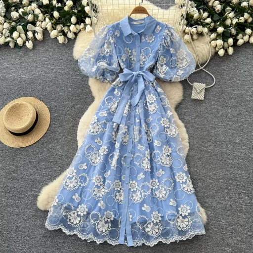 Blue Lace A Line Dress for Women Summer Puff Sleeves Waist Defining Elegant Style Available for Wholesale