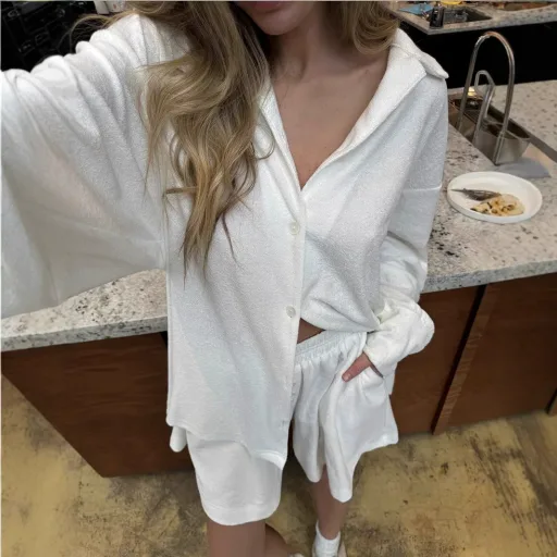 Womens Casual Two Piece Set Loose Fit Long Sleeve Cardigan and Shirt Soft Towel Fabric Summer Home Wear Wholesale
