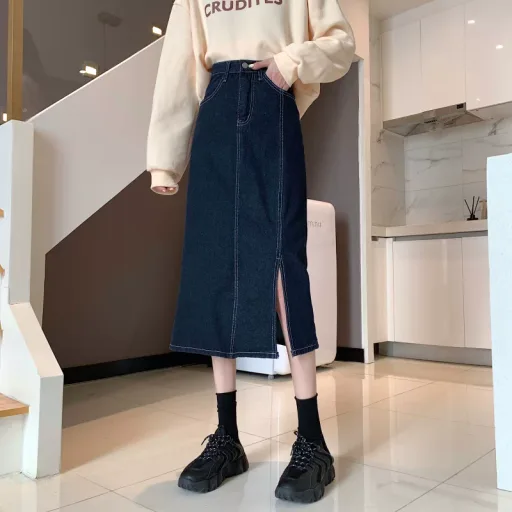 High Waist A Line Denim Skirt for Women Retro Style Mid Length with Side Slit Summer Casual Wear