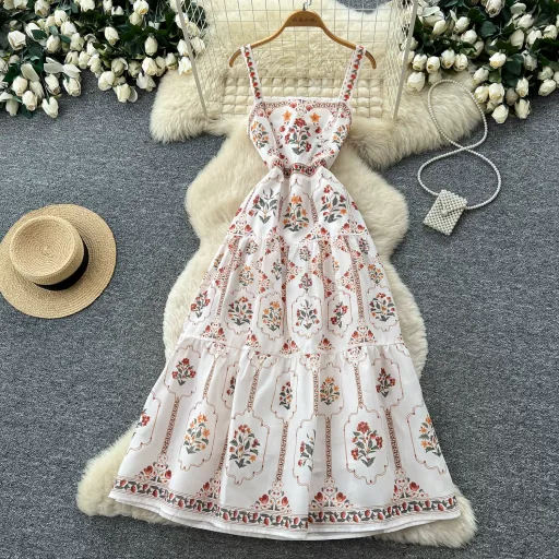French Country Style Floral Print Maxi Dress High Waist A Line Silhouette Sleeveless Summer Vacation Wear Wholesale
