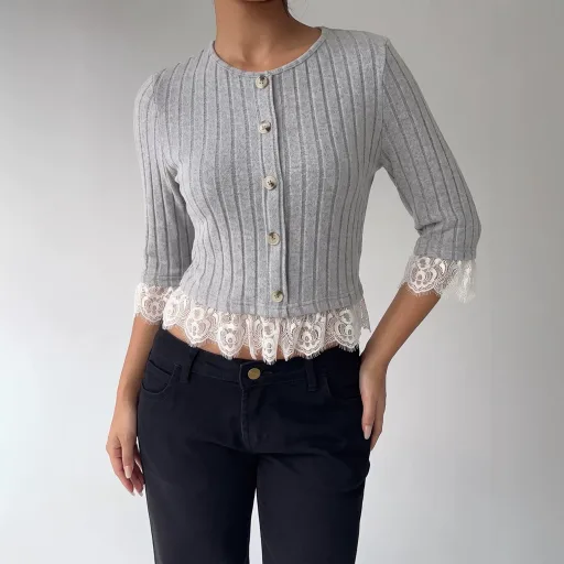 Gray Knit Top for Women Lace Panel Slim Fit Versatile Style Perfect for Casual Wear or Layering Wholesale Available