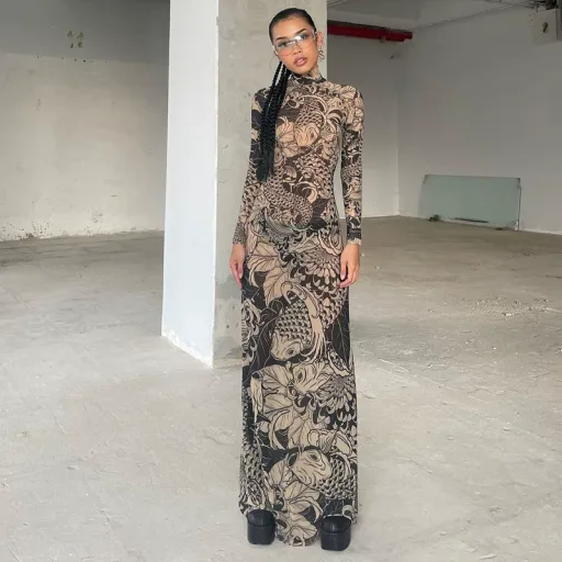 Sheer Floral Print High Neck Bodycon Dress for Women Khaki Spring Summer Fashion