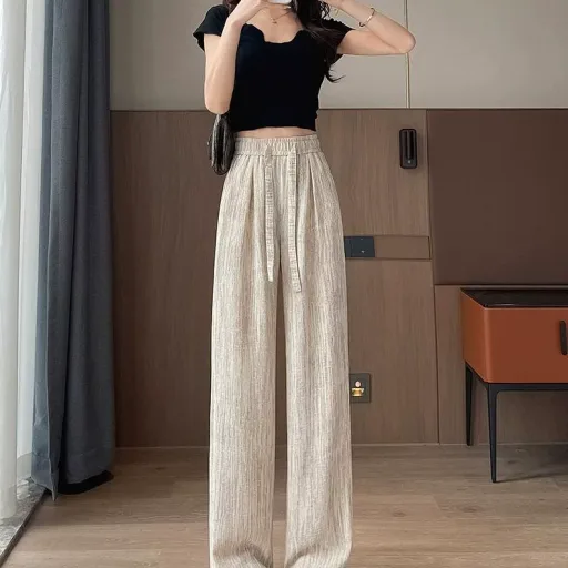 High Waisted Tie Dye Ice Silk Pants Lightweight Casual Straight Leg Trendy Design Summer Wear for Petite Women