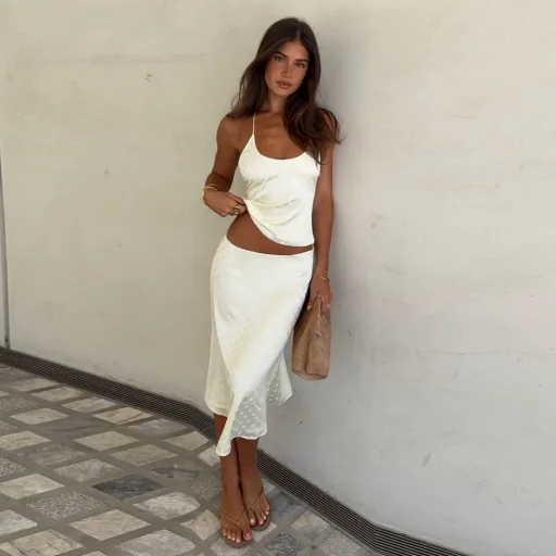 Womens Casual Outfit Set Sexy Backless U Neck Camisole and Elegant Midi Skirt Spring Collection