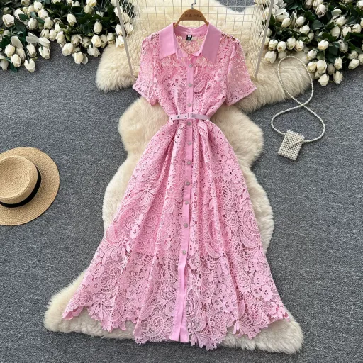 Pink Lace A Line Dress for Women Short Sleeve Collared Slim Fit Elegant Style for Parties and Events Wholesale